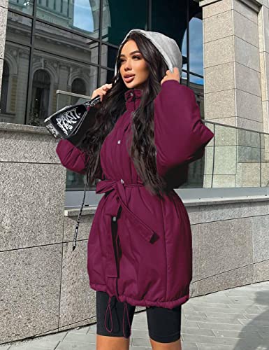 PRETTYGARDEN WOMEN’S 2023 HOODED PUFFER JACKETS LONG SLEEVE BUTTON DOWN BELTED WARM WINTER TRENCH COAT OUTERWEAR WITH POCKETS (PURPLE RED,X-SMALL)