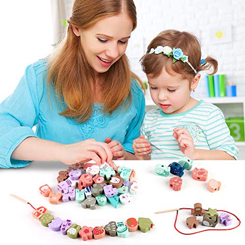 LOVESTOWN Wooden Lacing Beads, 67 PCS Stringing Beads Large Lacing Bead Animals Stringing Toy Montessori Toddler Preschool Toys for Toddlers Kid Birthday Gifts