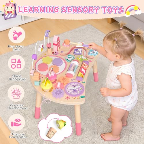 Fozcmisw Tavolo attività Montessori in Legno 10 in 1 Unicorno 1 Anno | Prendere, Ordinare, Girare e Ascoltare Aiuta la Motricità Fine Durante il Gioco Quotidiano