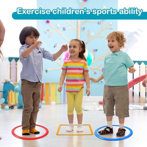 AM ANNA 2 Sets Hopscotch Rings Game for Kids, 20 Plastic Square & Round Hoops with 25 Connectors for Toddlers Gross Motor Skills, Playground Obstacle Course for Toddlers