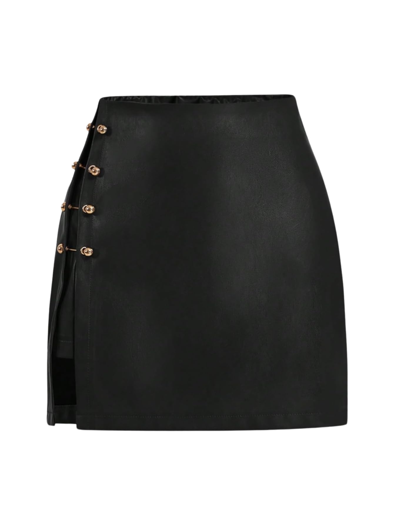 Photo 1 of WDIRARA Women's Side Slit Metallic Trim High Waisted Faux Leather Short Skirts Black Large