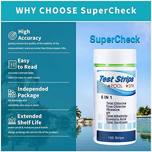 SuperCheck 6 Ways Pool Testing Strips, 7 Parameters, 100 Count, Pool