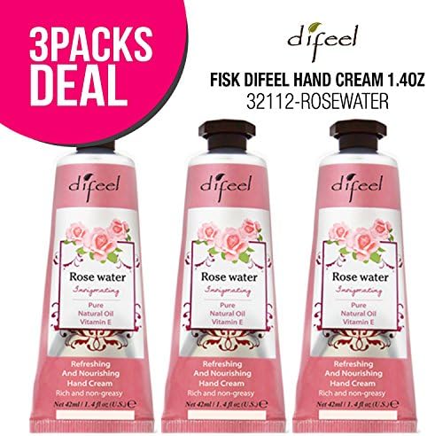 (3 PACK) Difeel Hand Cream 1.4oz (ROSEWATER) for Dry Hand Aging Hand, Moisturizing