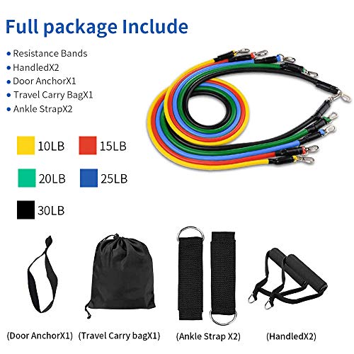 LOBKIN 11 Pack Resistance Exercise Bands Set,Including 5 Stackable Exercise Bands with Door Anchor,2 Foam Handle,2 Metal Foot Ring and Carrying Case for Home Fitness, Stretching, Strength Training