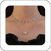 Erimberate Bohemian Layered Heart Choker Necklace Silver Puffy Heart Pendant Necklace Hollow Heart Chain Necklace Minimalist Heart Collar Necklace Jewelry for Women Gifts