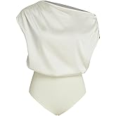 CIDER Women's French Riviera Vacation Satin Asymmetrical Neck Solid Ruched Bodysuit