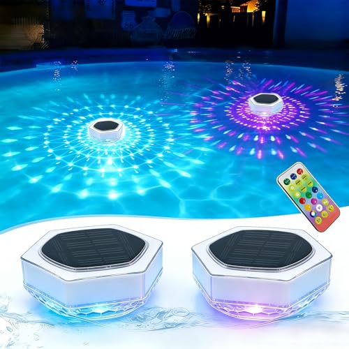 Dekofun Pack of 2 Pool Lighting, Underwater Solar, IP68 Waterproof LED Pool Light with Remote Control, RGB, Timer, 3 Modes, Floating Pool Lighting Lights for Whirlpool, Bath, Spa, Garden, Balcony