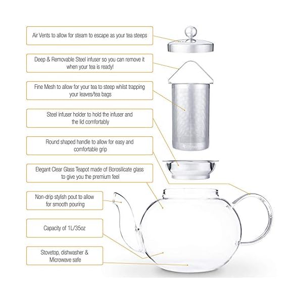 Hiware Glass Teapot with Removable Stainless Steel Lid & Infuser, 33