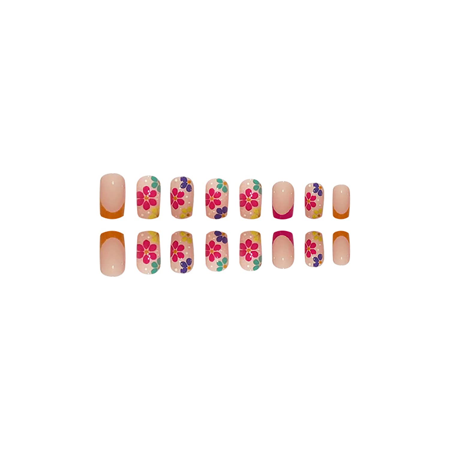 French Tip Press on Nails Short Square Fake Nails Nude Pink False with Flower Designs Acrylic Artificial Nails Full Cover Glue on Nails Stick on Nails for Women Girls - Image 3