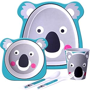 GET FRESH Kids Bamboo Dinner Set – 5 Piece Bamboo Childrens Dinner Set with Bamboo Kids Plate Bowl Cup Spoon and Fork – Cute Koala Bamboo Kids Dinnerware Set with 5 Bamboo Fibre Baby Tableware Dishes
