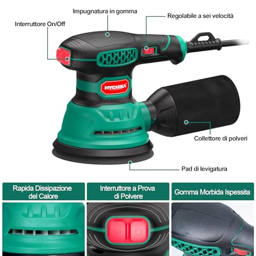 Hychika Orbital Sander, 300W 12000OPM Wood Sander, 6 Speed, with 16 Pieces Sanding Discs 125, with Quick Brake Function for Wood Sanding and Polishing
