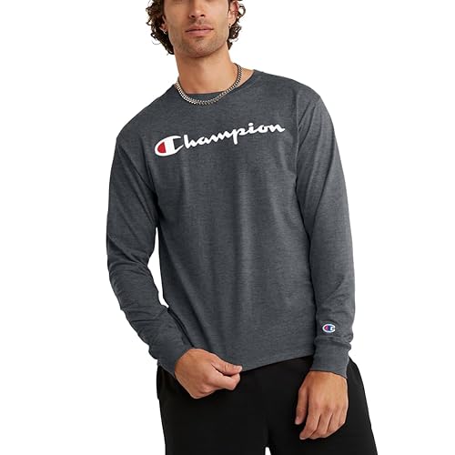 Champion Men's Long Sleeve T-Shirt, Standard Fit, C, Available in Regular and Big & Tall, Granite Heather-Classic Script Logo, X-Large