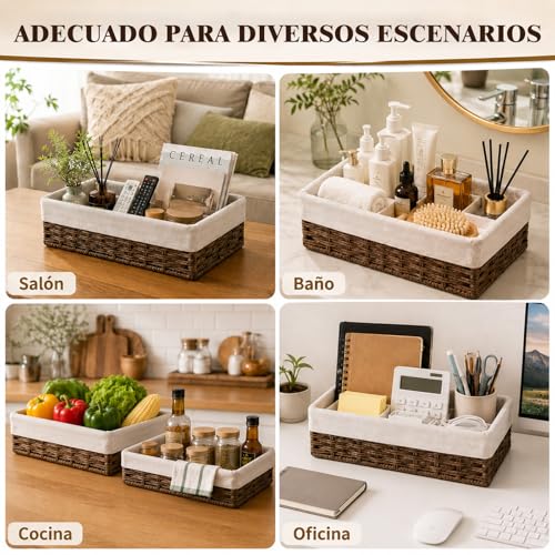 Cestas de Mimbre, Juego de 3 Cestas de Baño, Cestas de Mimbre Tejidas a Mano con Forro Extraíble, Cesta de Almacenamiento para el Hogar Apilable para Dormitorios, Cocina, Baños, Estantería y Organizar