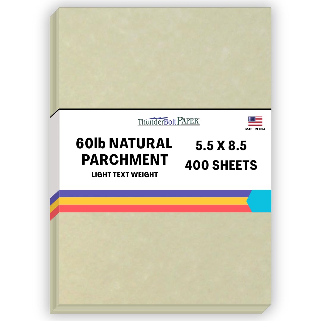 400 Natural Parchment 60# Text (=24# Bond) Paper Sheets - 5.5 X 8.5 Inches Half Letter | Statement Size - 60 Pound is Not Card Weight - Vintage Colored Old Parchment Semblance