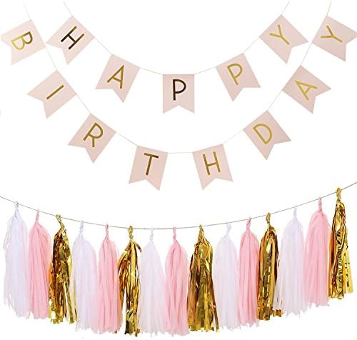 Wisehands Garlands Pack with 15 Tissues Papers Tassels Garland with 3 Mixed Colors (White + Pink+ Gold) and Happy Birthday Bunting Banner, Pink with Gold Letters