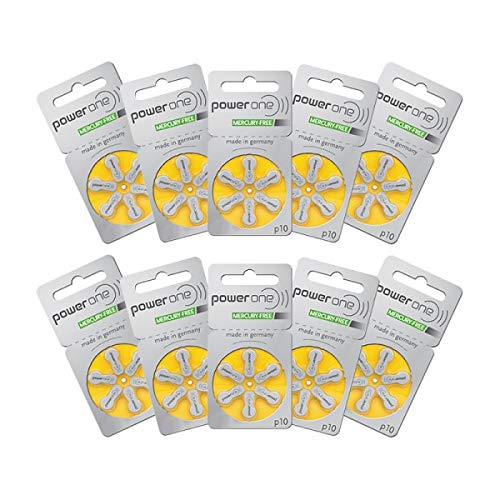 Power One Hearing Aid Batteries - Size P10-60 Pack - Complimentary Battery Keychain Kit