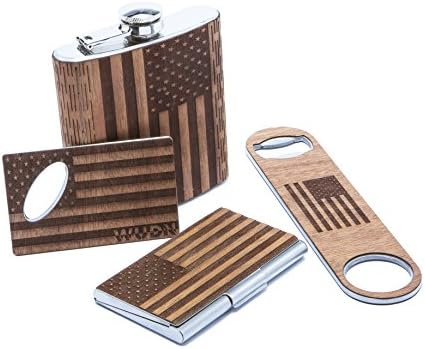 Made in the USA 6 oz Hip Flask, Large Bottle Opener, Credit Card Bottle Opener, and Business Card Holder With American Flag Engraving