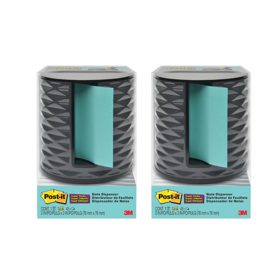 Post-it Note Dispenser, Vertical Design, Pop-Up Notes, Black with Grey Geometric Pattern, 1 Aqua Splash 3 in x 3 in Super Sticky Note Pad (Pack of 2) Image