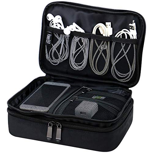Waterproof 2 Layer Electronic Accessories Organizer Case, Travel Gadget Bag for Cables, USB Flash Drive, Powerbank, Earphone, Hard Disk etc, Multi-Size Zipper Mesh Pouches, Adjustable divider, Black