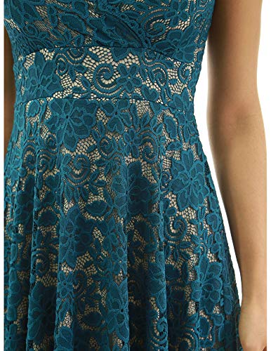 PattyBoutik Women Floral Lace Overlay Fit and Flare Dress (Teal and Beige Small) - Thumbnail 2