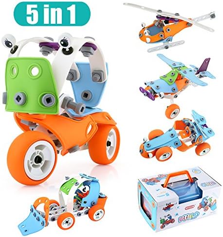 Model cars Joyhero 135PCS Model Building Blocks DIY Toy Creative 5-in-1 Helicopter Motorbike Fighter plane Racing car Bulldozer Preschool Educational Tested for Children's Safety Perfet Learning Toy