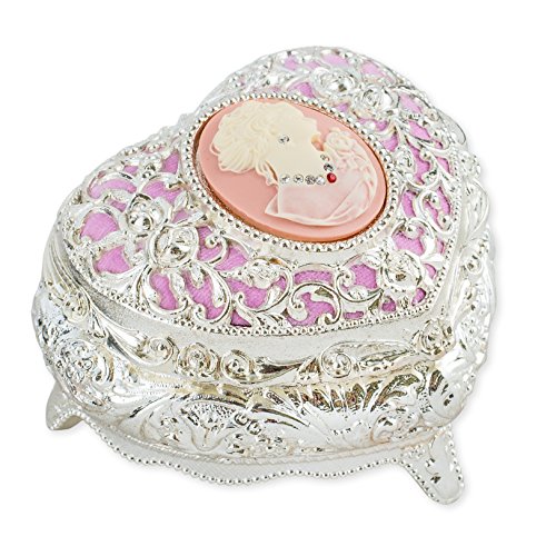 Pink and Silver Tone with Swarovski Crystals Metal Heart Jewelry Music Box Plays Bolero