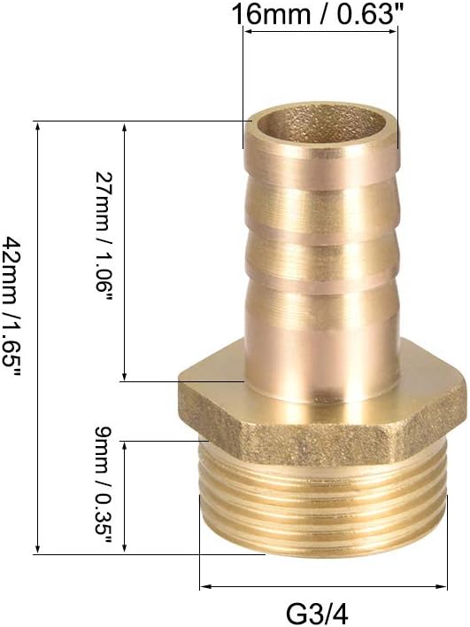 sourcing map Brass Hose Barb Fitting,Connector,16mm Barb x G3/4 Male Pipe Adapter,2pcs, Gold, 16mm x G3/4 - Image 3