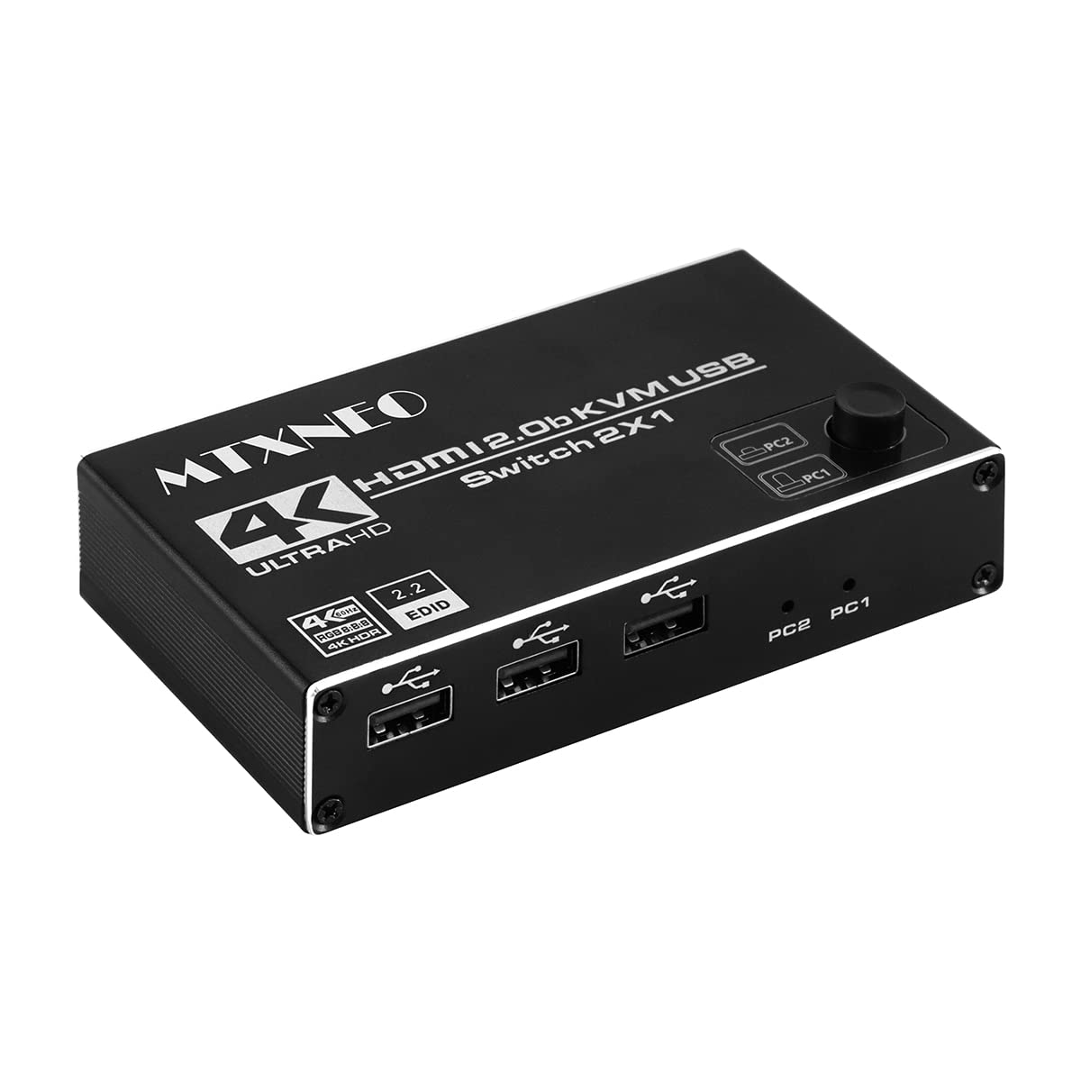 HDMI 2.0 Switch 4K HDMI Switch 2 in 1 Out Metal HDMI Switches Selector Box with 3 USB 2.0 Ports KVM Switch Support HDCP 2.2 Support 4K60Hz Ultra HD