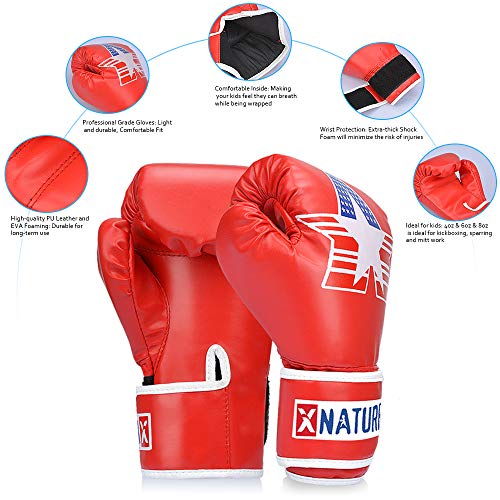 Xnature 4oz 6oz 8oz PU Kids Boxing Gloves Children Cartoon MMA Kickboxing Sparring Youth Boxing Gloves Training Gloves Age 5-12 Years (Red Boxing Gloves Without Gift Box) - Thumbnail 2