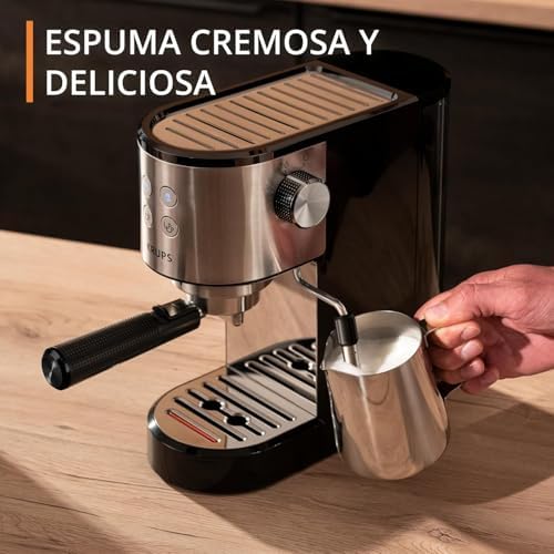 Virtuoso Essential - Cafetera espresso 15 bar, acero inox negro, diseño compacto y elegante, parada automática, espresso y cappuccino, Thermoblock, boquilla de vapor, incluye cuchara, XP4418