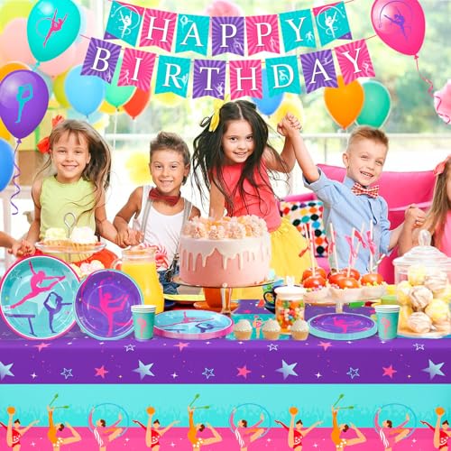 104pcs Gymnastics Party Decorations, Tableware & Gymnastics Birthday Party Decoration – Banner of Gymnastics Balloons Plate Tablecloth etc Supplies for Gymnastics Birthday Parties