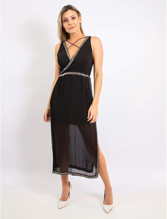 vestido preto longuete de chiffon