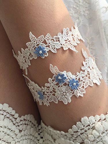 YuRong Wedding Floral Garter Set Beaded Lace Garter Set Bridal Garter G02 (Sky blue)