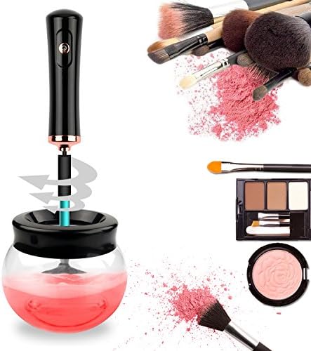 Electric Brush Cleaner,Henscoqi 360 Degree Rolation Quickly and Deeply Clean &amp; Dry Makeup Brush Cleaner Spinner with 8 Rubber Collars Suit for Multi-size Brushes (Black)