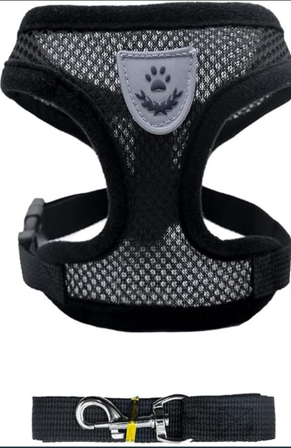 Comfortable Dog Mesh Harness, Adjustable, Black (XL)