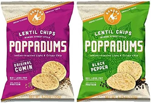 Bandar Monkey Gluten Free Mumbai Street Style Poppadums Lentil Chips 2 Flavor Variety Bundle: (1) Original Cumin, and (1) Black Pepper, 4.23 Oz. Ea.