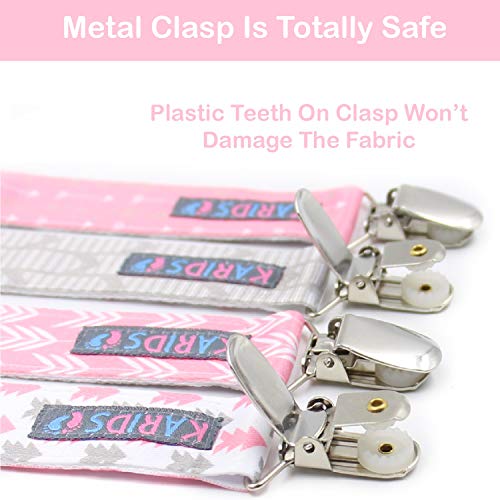Pacifier Metal Clip (4 Pack) for Babies, Infants, and Toddlers - Unisex Modern Pacifier Holder for Binky, Soothie, Toys - Cute Durable Lightweight Baby Accessory -Girl Pack-