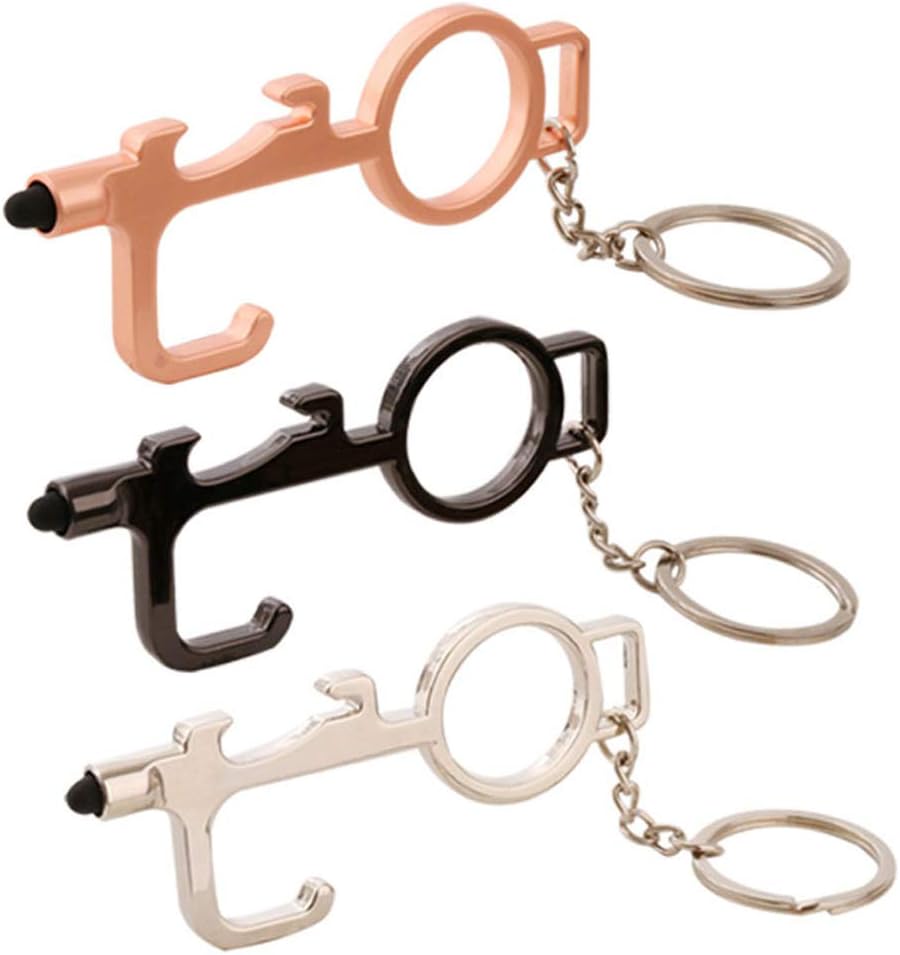 No Touch Door Opener Tool 3 Pcs Set Black Silver Rose Gold Contactless Door Opener With Rubber Rings Serves As Bottle Opener And Stylus Pad Key Ring Included Bopie Manual