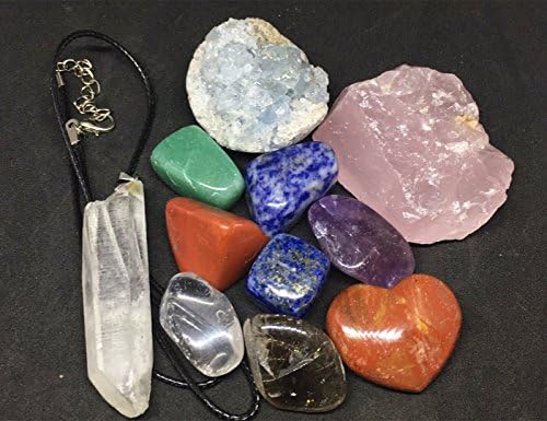 Yinglai Healing 11 pcs Chakra Crystal Healing Kit 7 Chakra Tumbles, Red Jasper Heart, Raw Rose Quartz, Celestine, and Crystal Point Pendant Meditation Set