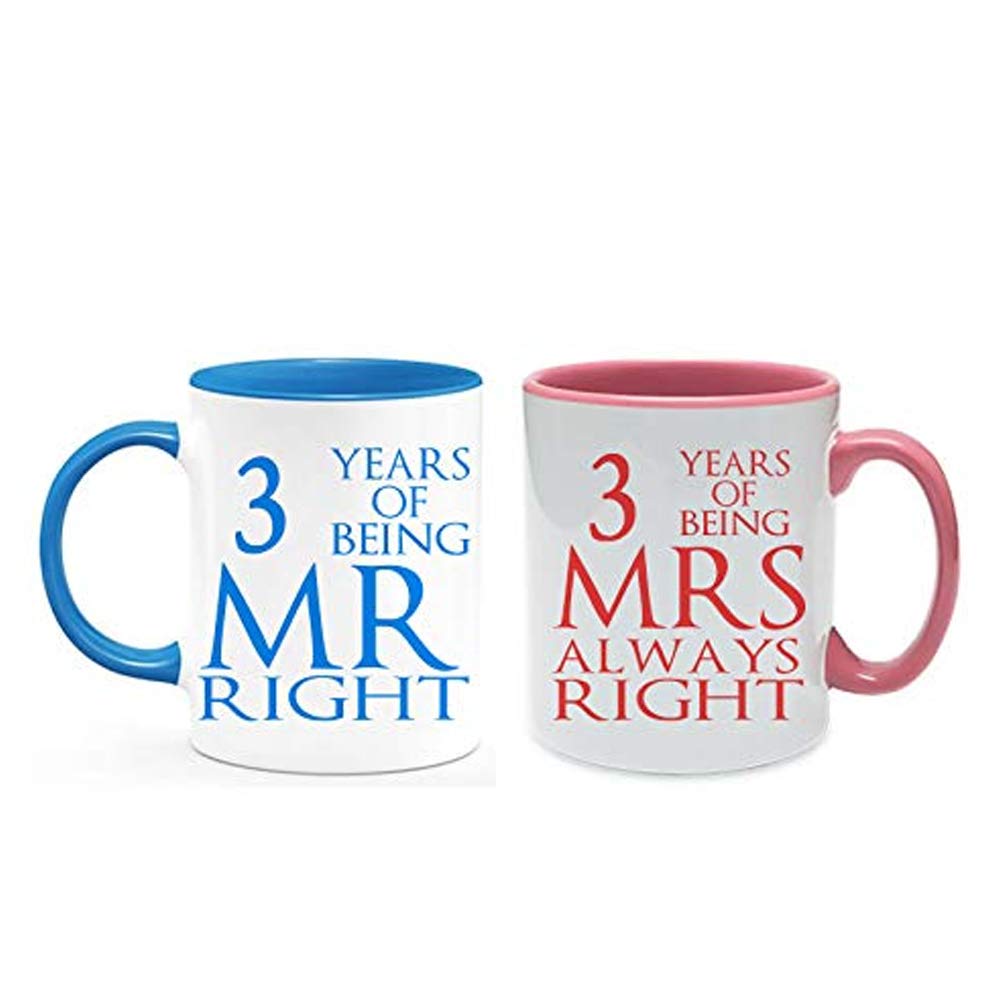 Leather Anniversary 3 Years Being Mr Right & Mrs Always Right Set of 2 Wedding Anniversary, Valentines Day, Coloured Couple Mug Set. (3 Years)