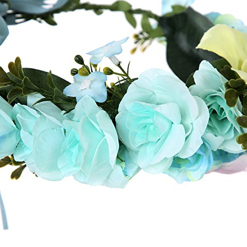 Felice Arts Handmade Boho Flower Headband Hair Wreath Halo Floral Garland Crown Headpiece with Adjustable Ribbon Festival Wedding Party, Blue
