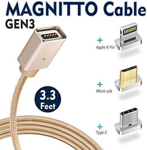 MAGNITTO Reversible Magnetic 3 in 1 USB C+Micro+Lightning Fast Charging Cable Data Sync for Android &amp; Apple devices Samsung Galaxy S8 S9 Google Pixel 2 HTC U11 LG V30 G6 G5 V20 Moto Z Z2 Play 3ft Gold