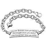 You are Braver than you believe Embossed Words Hook Cuff Inspirational Metal Bangle Bracelet with Heart Charm Silver