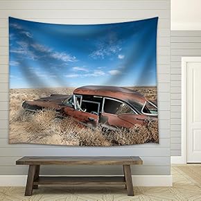 Old Rusted Car in The Middle of New Mexico Desert - Fabric Wall Tapestry Home Decor - 51x60 inches
