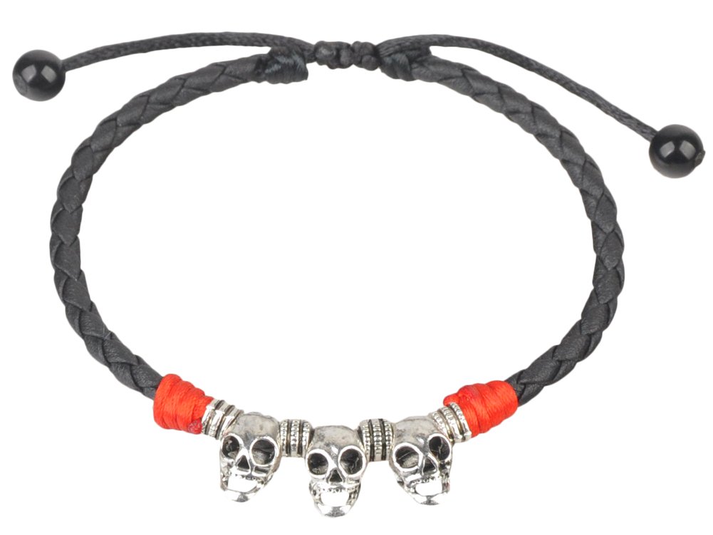 Ancient Tribe Black Leather Anklet with Skull Beads, Adjustable Braided Cord Bracelet, 23cm (9 inch) Tribal Gothic Style for Men Women