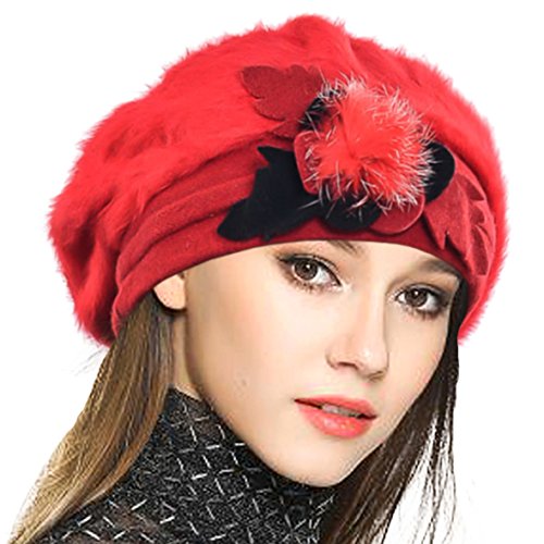 Women's 100% Wool Bucket Hat Felt Cloche Bow Dress Winter Hats (Soft-Red)