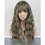 BERON 23’’ Women Girls Lovely Synthetic Mix Color Long Curly Wigs Pin Curls with Neat Bangs Hairnet Included (Mix Brown)