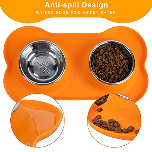 Super Design Double Bowl Pet Feeder Stainless Steel Food Water Bowls with No Spill Silicone Mat