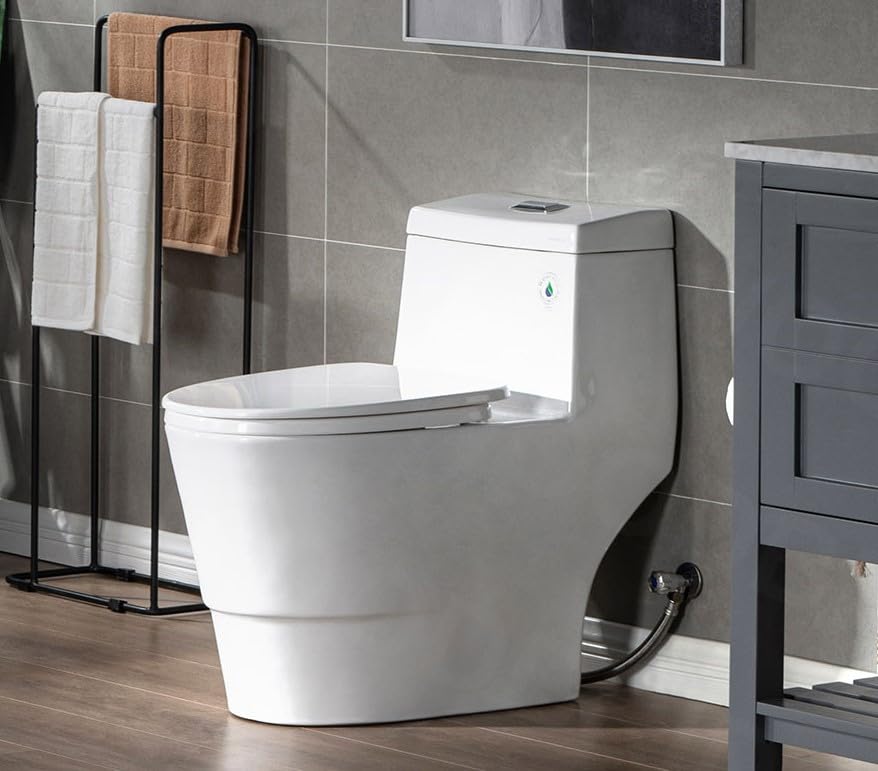 Photo 1 of  WOODBRIDGEE One Piece Toilet with Soft Closing Seat, Chair Height, 1.28 GPF Dual, Water Sensed, 1000 Gram MaP Flushing Score Toilet with Chorme Button, White,B0940-F-C