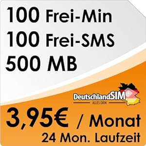 DeutschlandSIM ALL-IN 100 - 24 Monate Vertragslaufzeit (500MB Daten Flat, 100 Frei-Minuten, 100 Frei-SMS, 3,95 Euro/Monat) o2-Netz